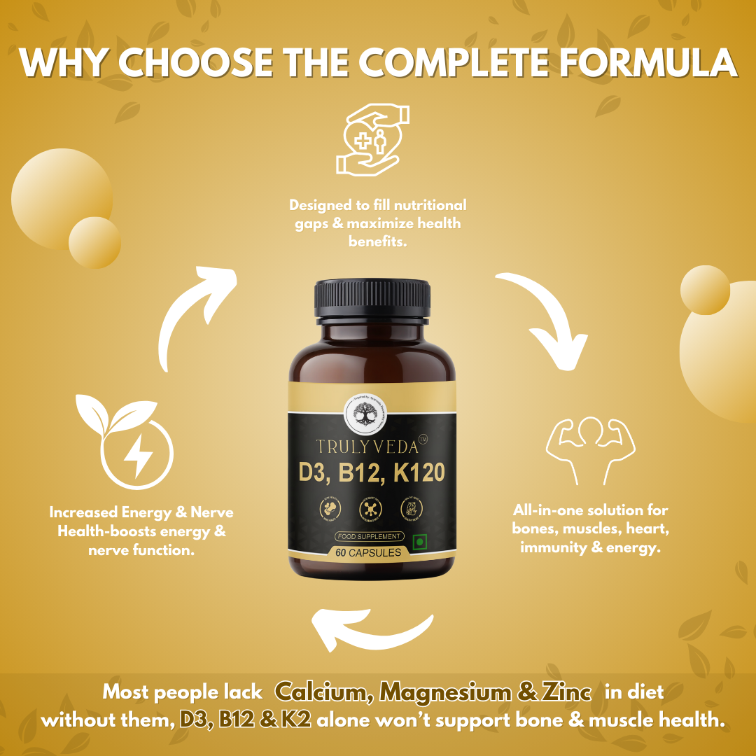 Truly Veda D3, B12 & K120 Vitamins Capsules with Calcium, Magnesium & Zinc