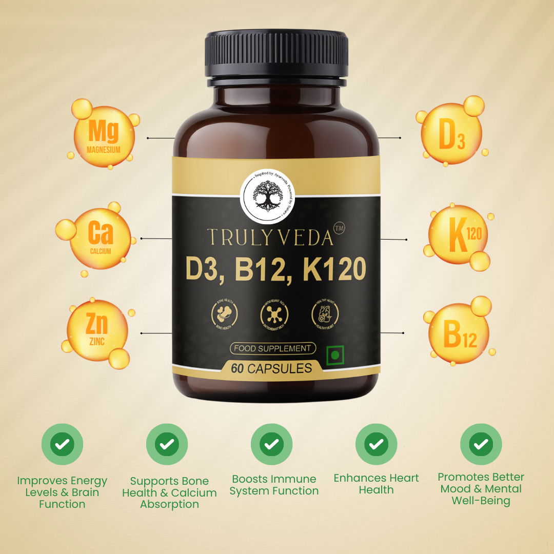 Truly Veda D3, B12 & K120 Vitamins Capsules with Calcium, Magnesium & Zinc