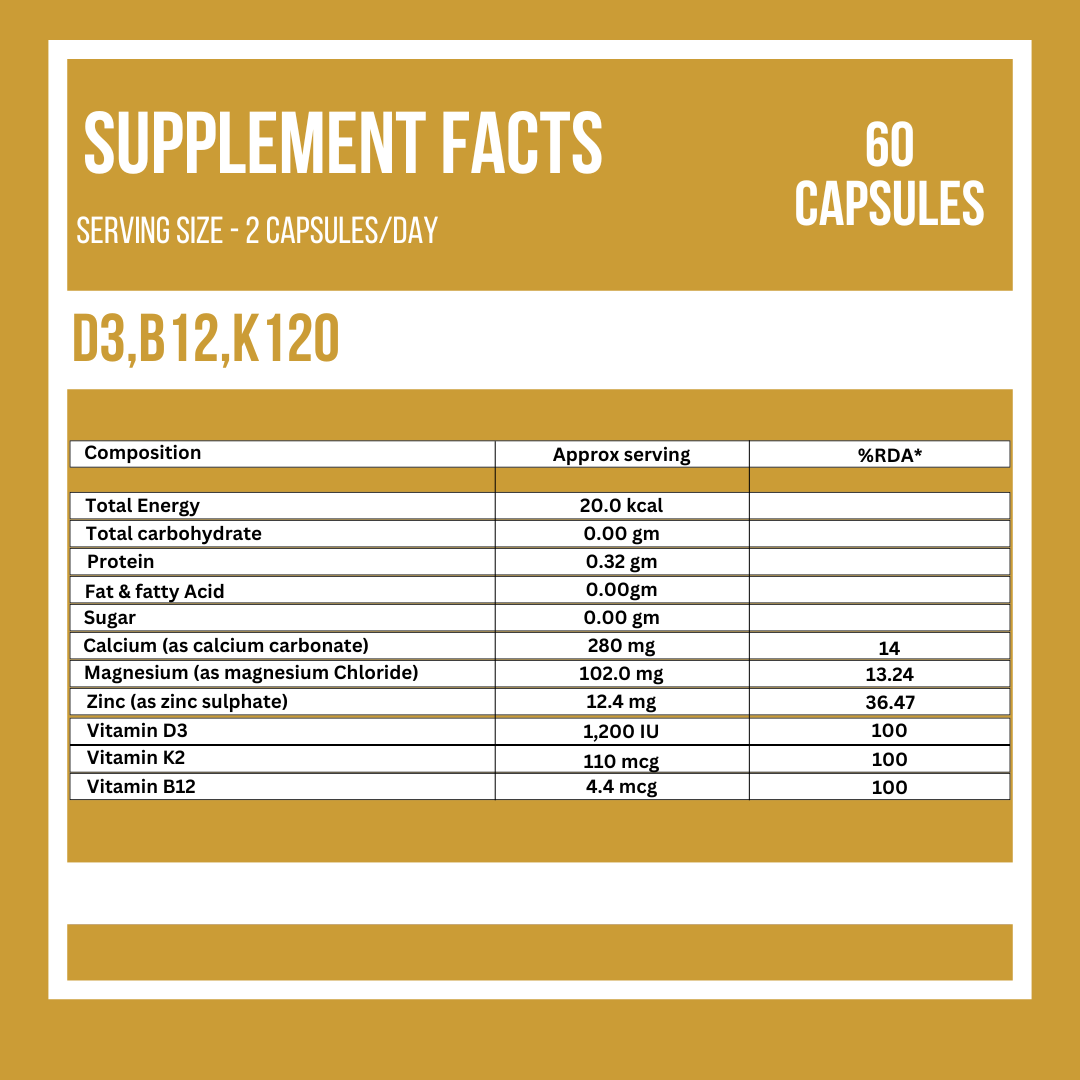 Truly Veda D3, B12 & K120 Vitamins Capsules with Calcium, Magnesium & Zinc