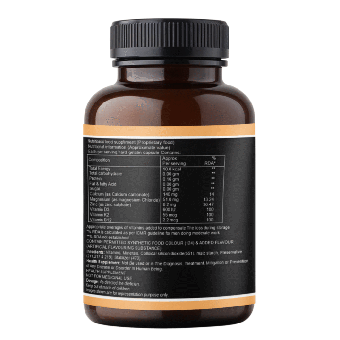 TrulyVeda D3, B12 & K120 Vitamins Capsules with Calcium, Magnesium & Zinc ingredient label