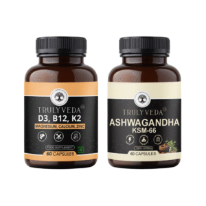 Combo of Truly Veda Ashwagandha KSM 66 and Truly Veda D3, B12 & K2 with Calcium, Magnesium & Zinc