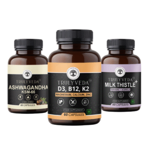 Truly Veda Ashwagandha KSM-66, Truly Veda D3, B12 & K2 with Calcium, Magnesium & Zinc, and Truly Veda Milk Thistle Extract